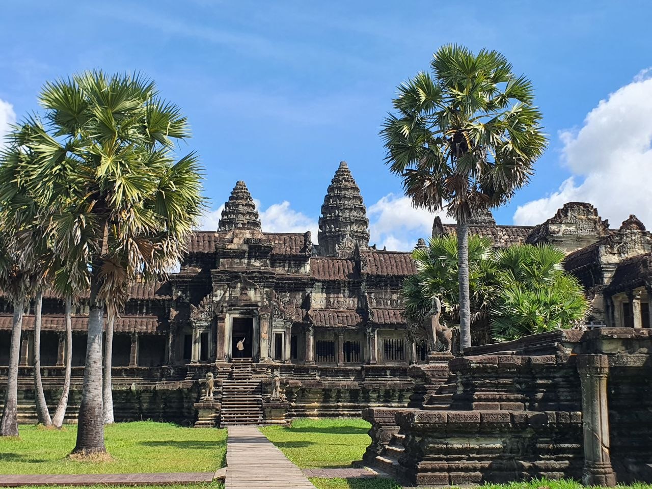 Angkor Wat ancient stone temple towers framed by tall palm trees under a bright blue sky in Siem Reap Cambodia