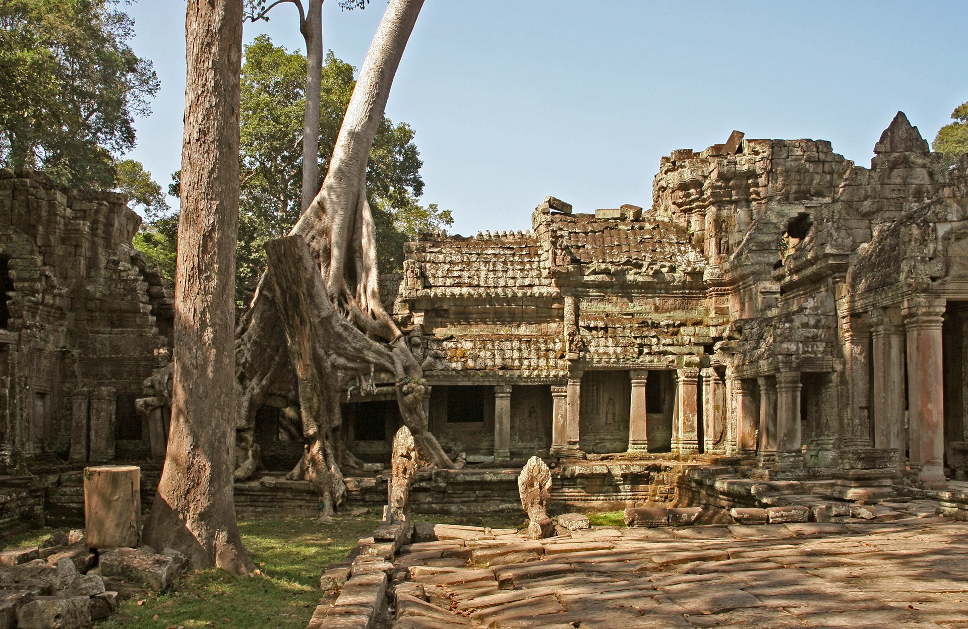 Ancient stone corridors and tree roots at Preah Khan temple in Siem Reap Cambodia