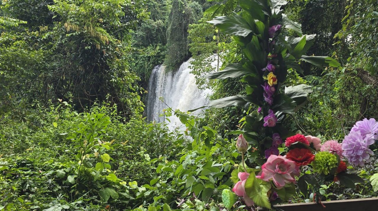 Powerful waterfall rushing through dense tropical jungle foliage at Phnom Kulen National Park near Siem Reap